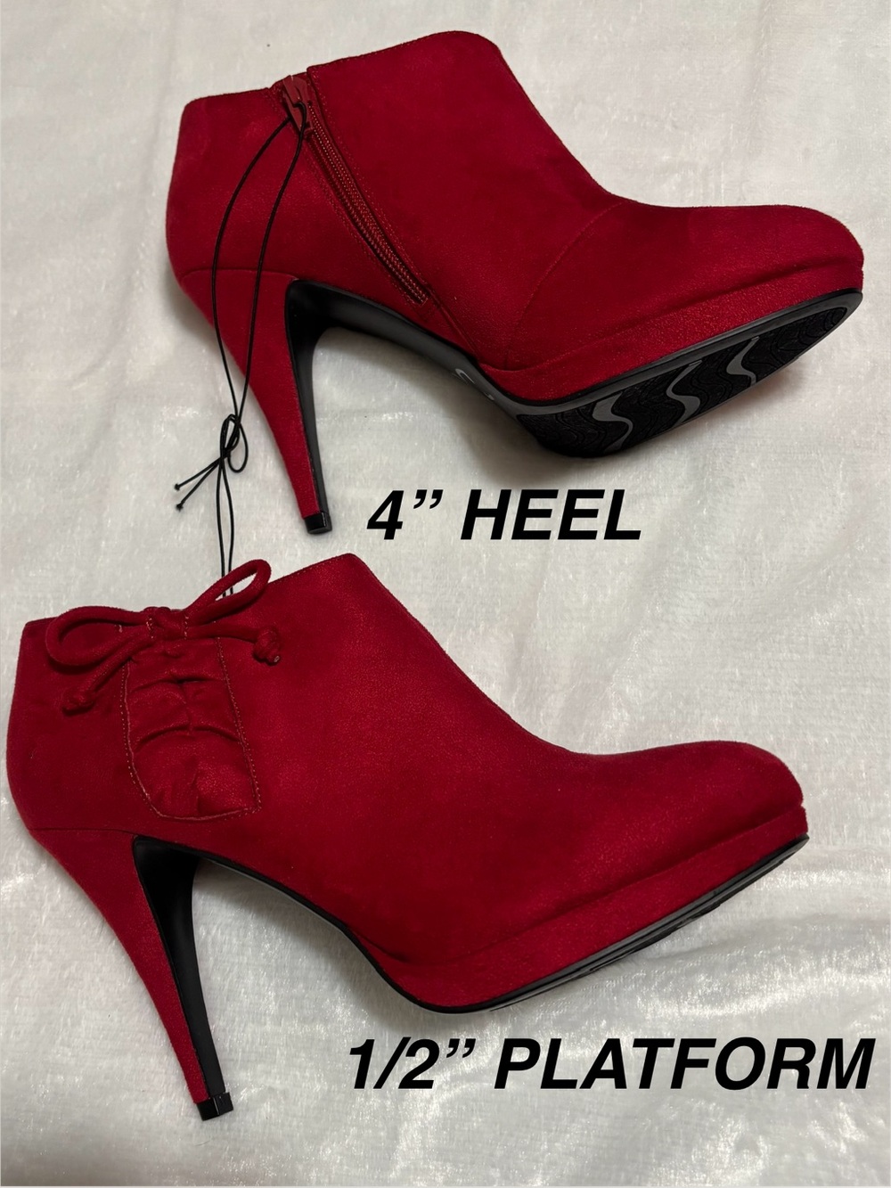 IMPO red suede-look zip-side ankle bootie with 1/2” platform 4” Heel